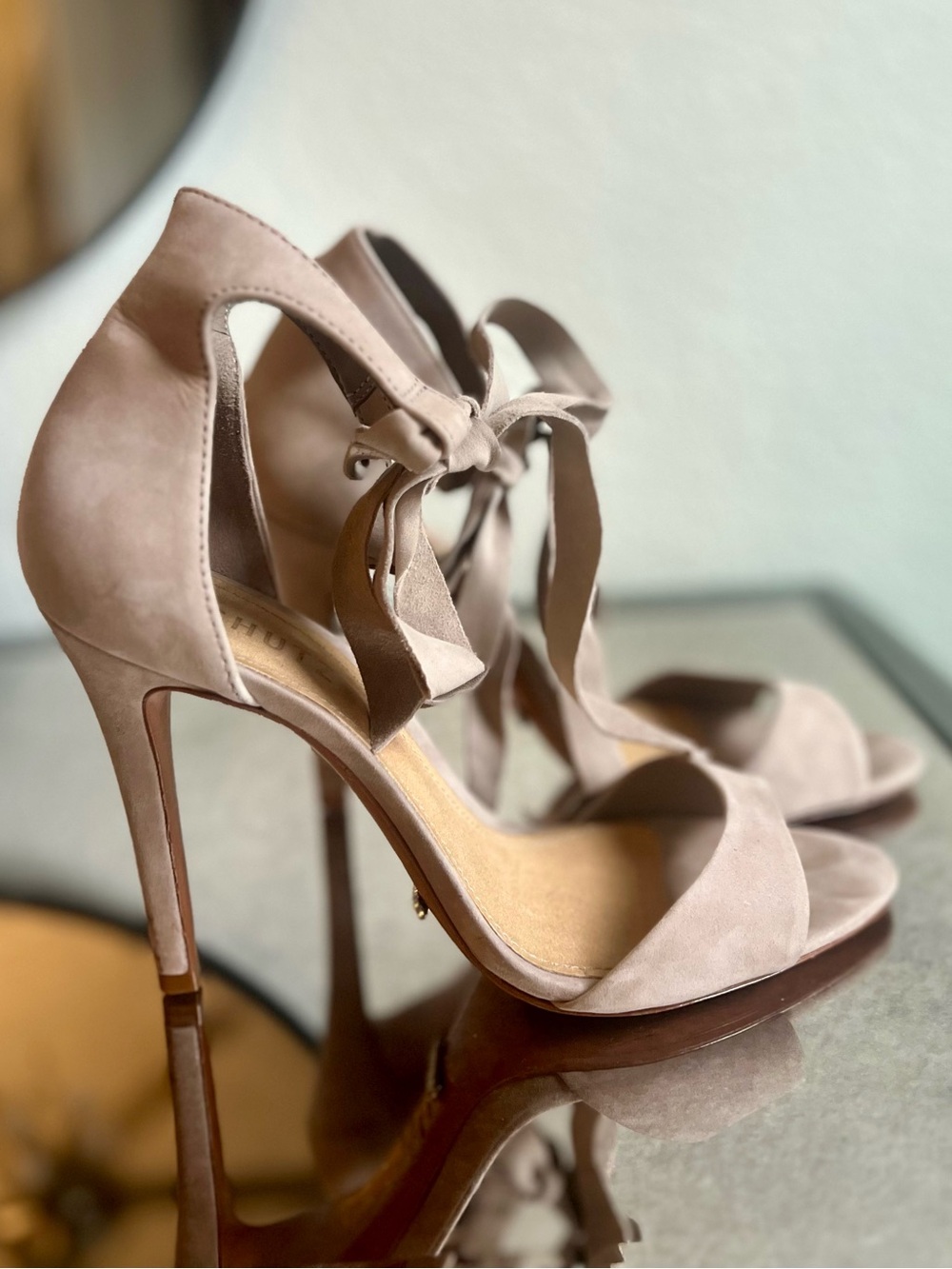 SCHUTZ Blush Tie-Ankle Suede Stiletto Sandals Size 8